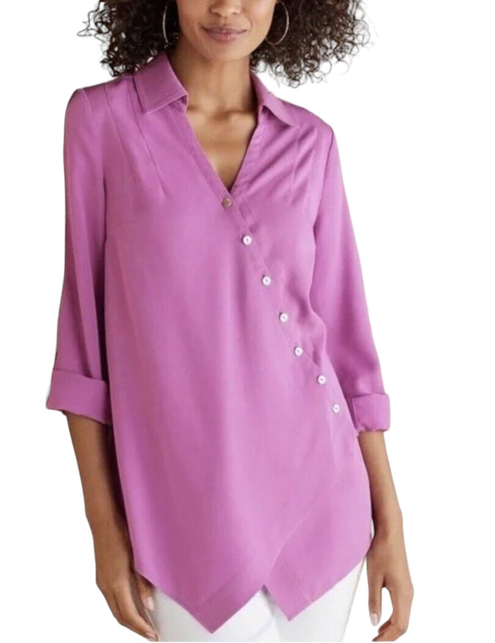 Soft Surroundings Purple Tencel Crossover Front Button Tunic Top